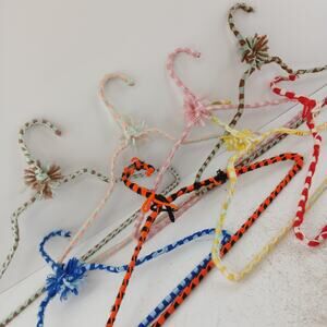 Set of 8 Vintage Crochet Wrapped Wire Hnagera Colorful Woven Yard Retro Closet
